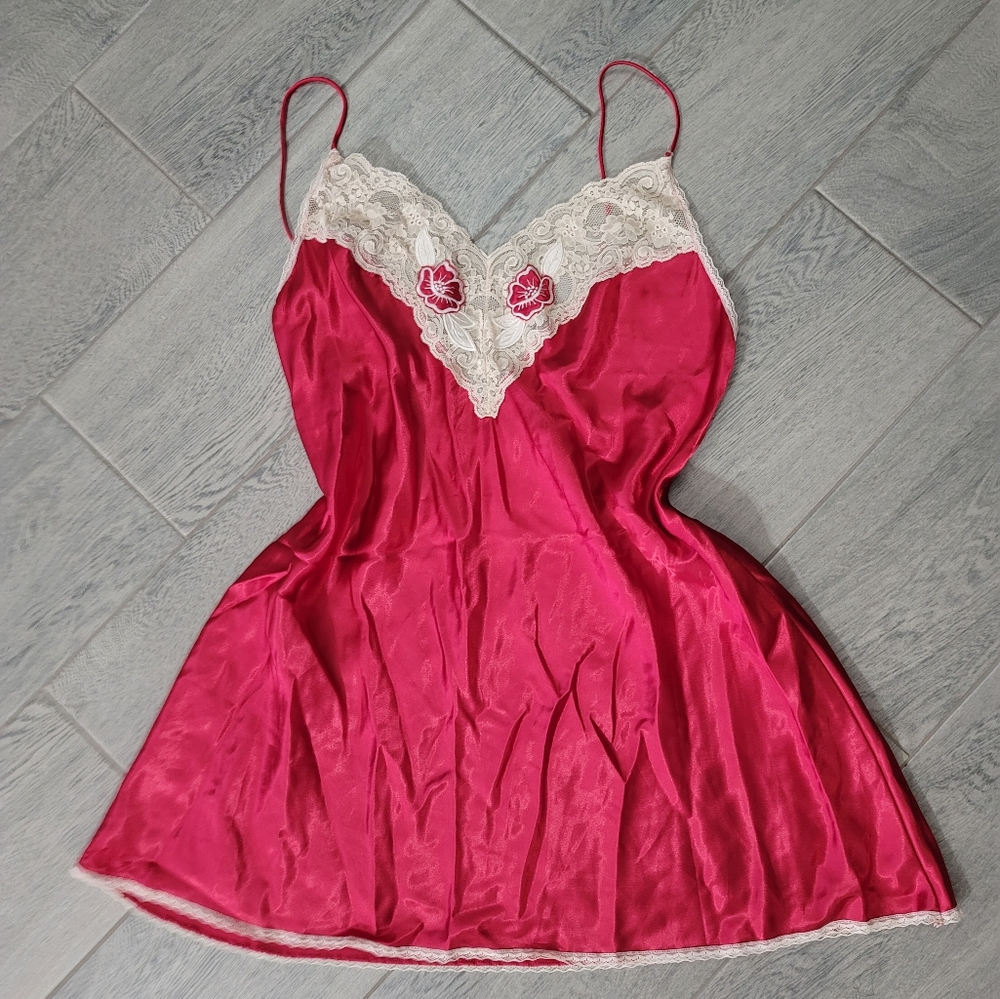 Vintage Wendy Ann Red Chemise Slip Dress Nightgown Floral Satin Lace Size Large